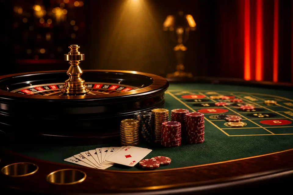 Meja live casino dengan roda roulette dan chip emas - Panduan Live Casino Mpoasia88