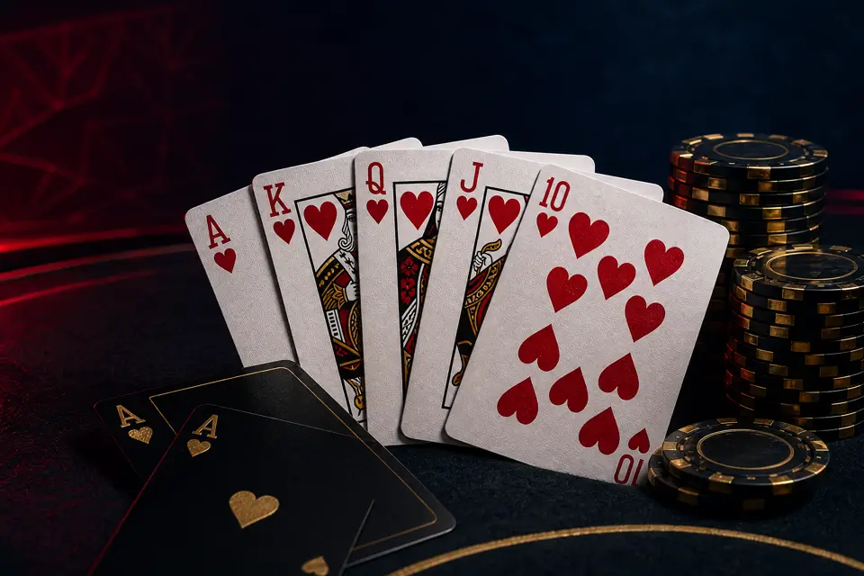 Kartu poker royal flush dengan chip emas - Panduan Poker Mpoasia88
